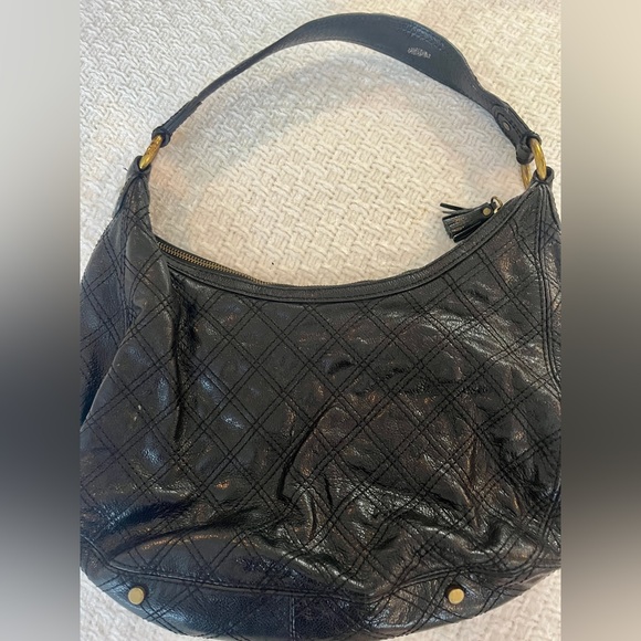 Antonio Melani Black Hobo Bag Glazed Quilted Leather Cargo Pockets Front U Bag - Picture 5 of 11